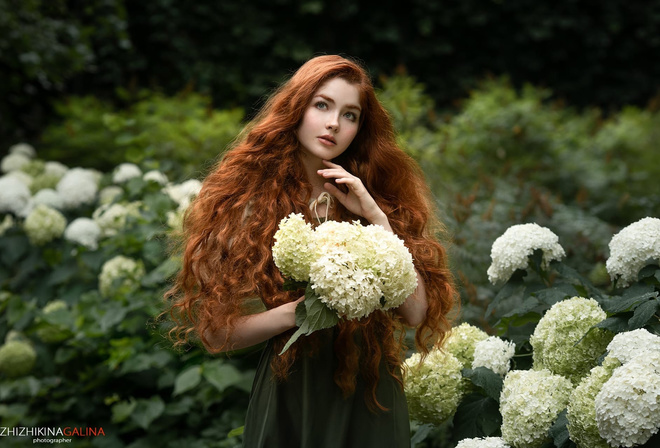 Galina Zhizhikina, redhead, model, women, women outdoors, flowers, nature, green dress, wavy hair