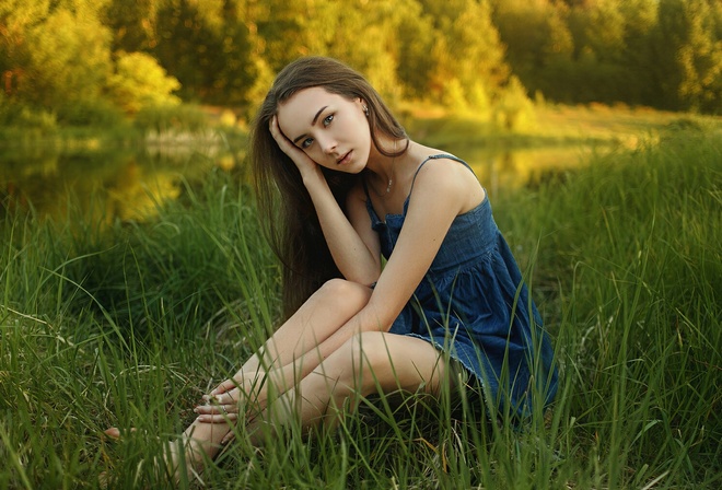 women, brunette, model, women outdoors, denim dress, dress, sitting, grass, nature, trees