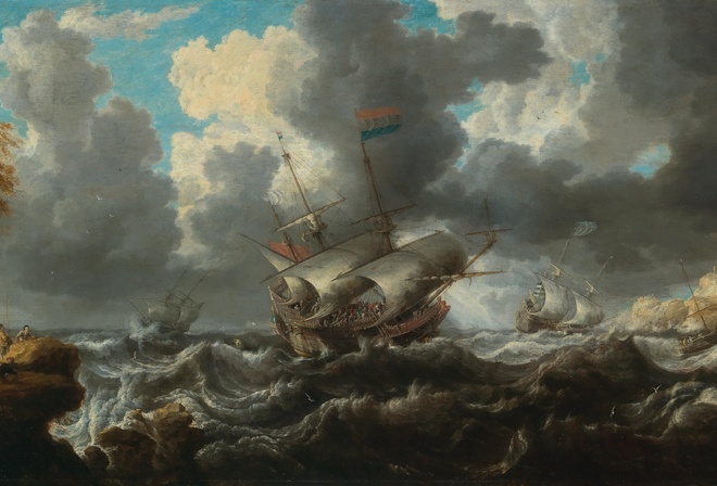 Bonaventura Peeters, Flemish, 1641, A man owar in choppy seas with soldiers on an outcrop nearby