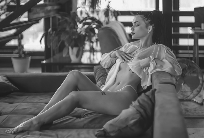 Alexey Zinin, brunette, model, women, women indoors, tattoo, monochrome, blouse, white panties, panties, in bed, bed, couch, pierced navel, hips