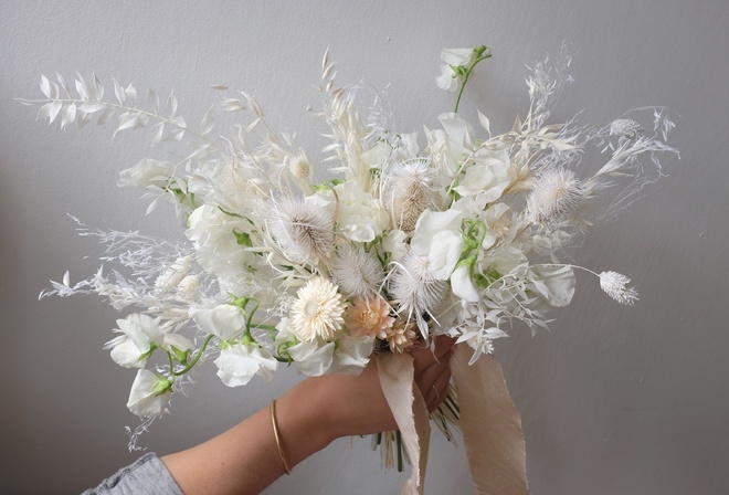 Floral White Bouquet, bunny tail grass, bleached ruscus, sweet peas