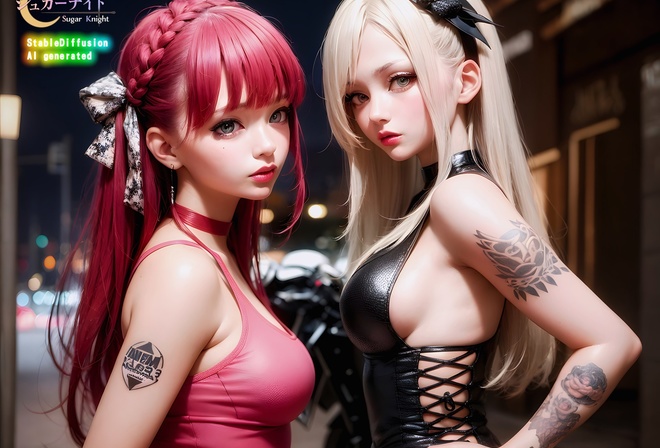 Sugar Knight, Stable Diffusion, women, blonde, two women, night, AI art, white dress, digital art, pink hair, pink dress, black dress, leather dress, tattoo, choker