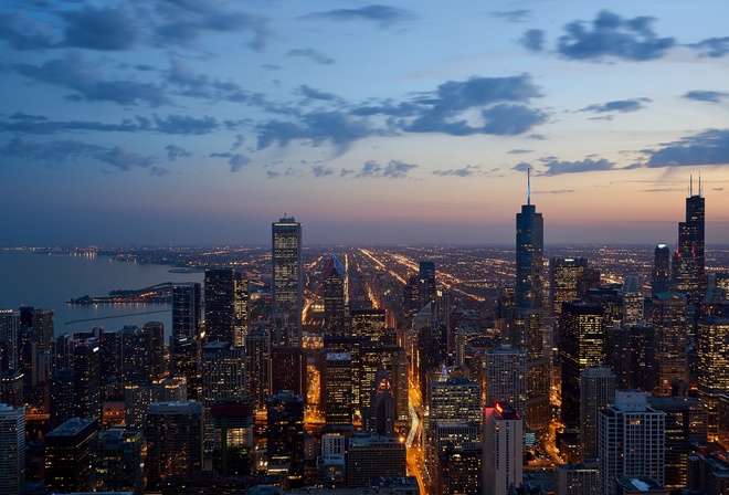 city, lights, USA, Chicago, lllinois, twilight, skyline, sky, sunset, night, clouds, lake, evening, dusk, buildings, horizon, skyscrapers, skyscraper, cityscape, United States of America
