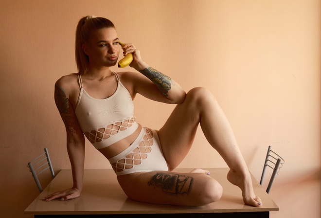 Ira Novikova, women, model, blonde, women indoors, white tops, white panties, hips, tattoo, bra, panties, on table, table, chair, ponytail, bananas, fruit