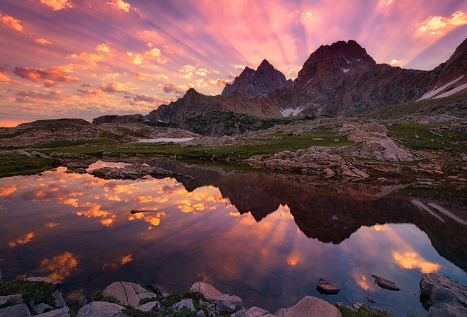 the sky, lake, mountains, stones, sunset, reflection, rays, pond, 4k , 4K Ultra HD