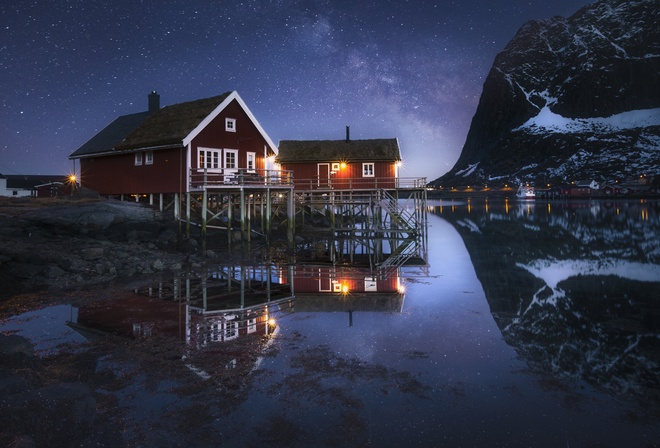 water, mountains, night, reflection, houses, Norway, the Milky Way, Fjord, Lofoten, Reine