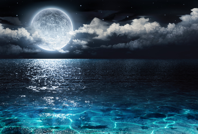 beautiful, moon, ocean, night, cloud