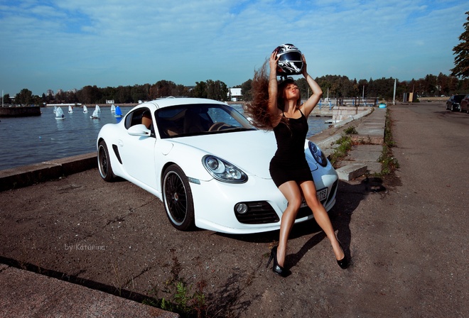 Porsche 911, Porsche 991, vehicle, Porsche, car, white cars, helmet, motorbike helmet, women outdoors, women, model, brunette, sky, clouds, black dress, water, shadow