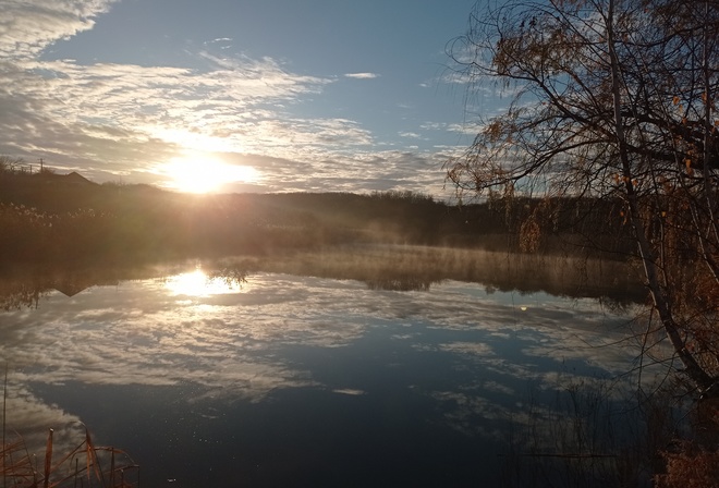 осень, ноябрь, утро, рассвет, озеро, туман, красиво