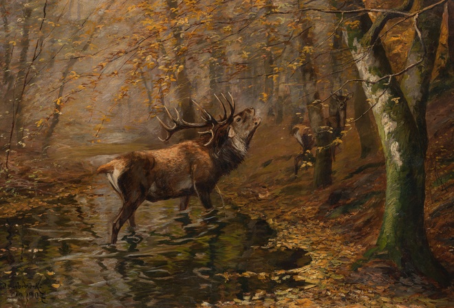 Carl Ritter von Dombrowski, 1907, Roaring deer in the riparian forest