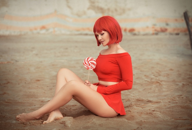 , Stanislav Maximov, outdoors, model, ass, red miniskirt, lollipop, redhead, makeup, sitting, red clothing
