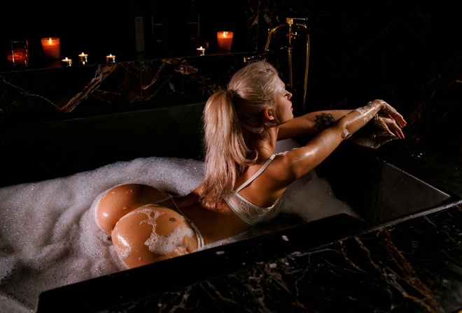 , Evgeniy Potanin, rear view, in bathtub, blonde, ponytail, ass, white lingerie, model, soap, tattoo, women indoors, hips, white bra, white thong, bubbles, red lipstick, lace lingerie, candles, bathtub