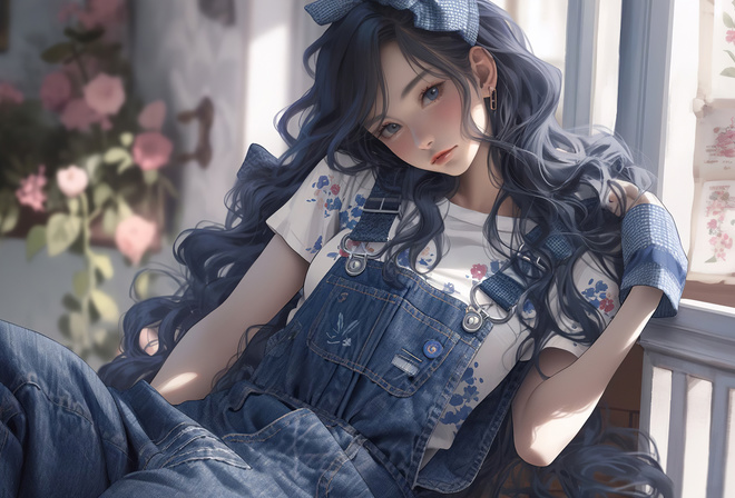 , AI Art, anime girls, long hair, blue eyes, T-shirt, flowers, brunette, overalls, jeans overalls