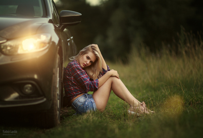 Vladimir Lapshin, blonde, plaid shirt, women outdoors, model, , jean shorts, women with cars, grass, Fila, sneakers, 