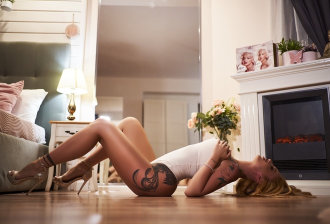 on the floor, bodysuit, ass, blonde, closed eyes, , tattoo, flowers, women, bed, lamp, hips, women indoors, model