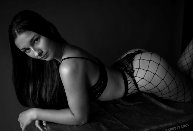 Furia Luna, Evgeniy Krestyanov, monochrome, ass, brunette, , lingerie, fishnet pantyhose, bra, , model, thong, women indoors, women