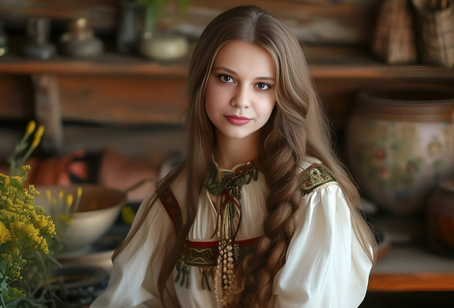 , , ,  ,  , Girl, blonde, braid, national costume, brown eyes