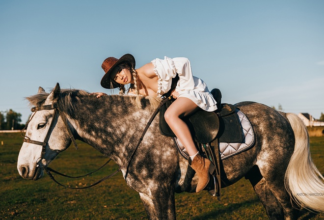  , Anton Harisov, field, blonde, cowgirl, , horse, sky, cowboy hats, women, white dress, women outdoors, boots, Ekaterina Timonova, model, minidress, neckline, women with horse