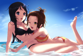Akiyama mio, tainaka ritsu, k-on, на пляже, купальники, девочки, забава