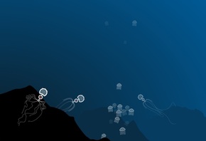 глубина, минимализм, медузы, синий океан, подводные скалы