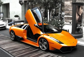 Lamborghini, оранжевый, улица, серость, дверка, вверх