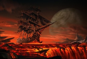 фантазия, корабль, водопад, красное, лава, черный пират, планета