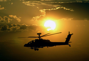 Вертолёт, закат, небо, солнце, полёт, вооружение, апачи