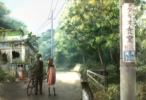 Bicycle silhouette, япония, развалины, силуэт, школьники, дорога, иероглифы