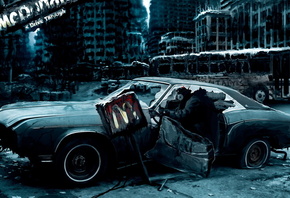 обои Машина, человек, противогаз, город, апокалипсис, вывеска Машина, человек, противогаз, город, апокалипсис, вывеска