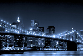 город, New york, небоскребы, brooklyn bridge, мост, ночь, city, вода, огни