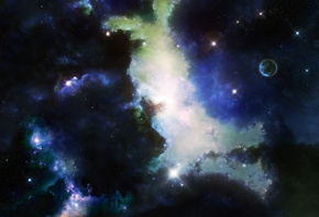digital illustration, Origins, nebulae, stars, space, planets