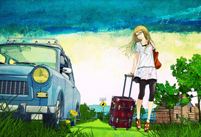 Blonde with suitcase, деревья, лето, девушна, чемодан