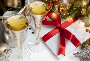 шампанское, елка, блестки, звезда, шары, подарок