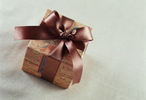 Подарок, коричневая, бантик, лента, коробочка