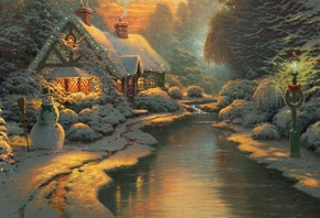 christmas evening, new year, thomas kinkade, christmas, 