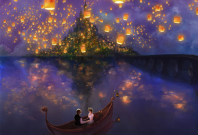 lights, the movie, fanart, princess, boat, Tangled, castle, bridge, rapunzel, lake, flynn, love