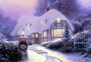 thomas kinkade,   1990, , Christmas cottage 1990