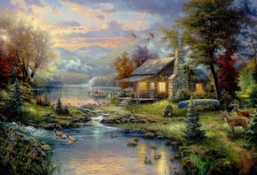 house, river, art, thomas kinkade, , nature, natures paradise, painting, forest