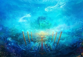 рыбы, кораллы, колонны, Храм, под водой, подводный мир
