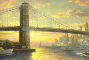 The spirit of new york, new york, bridge, thomas kinkade, usa, flag, city,  ...