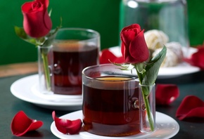 roses, tea, nice, drink, elegantly, romance, gentle, petals, love, rose, cups, Cake, harmony