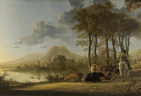 river landscape with horseman and peasants, , ,  