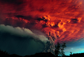 Вулкан, извержение, деревья, пепел, красное небо