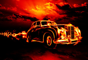 classic, car, clouds, fire, flame, horror, red sky, hell, city