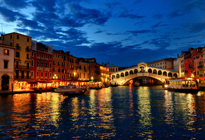 огни, канал, дома, гондолы, лодки, вечер, Венеция