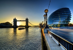 sunrise, city hall, england, london, uk, river, Tower bridge, thames,  ...