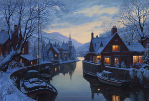 An old inn by the river, painting, winter, chapel, eugeny lushpin, houses,  ...