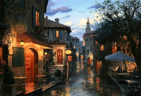 Magic evening, cafe, umbrellas, tables, evening, eugeny lushpin, painting, houses, street, bar
