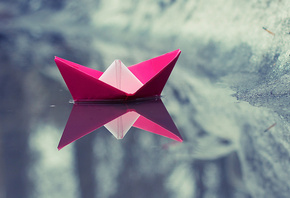 розовый, Бумажный кораблик, отражение, вода