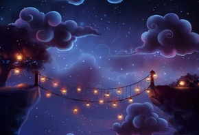 фонари, Арт, trenchmaker, ночь, мост, облака, дерево